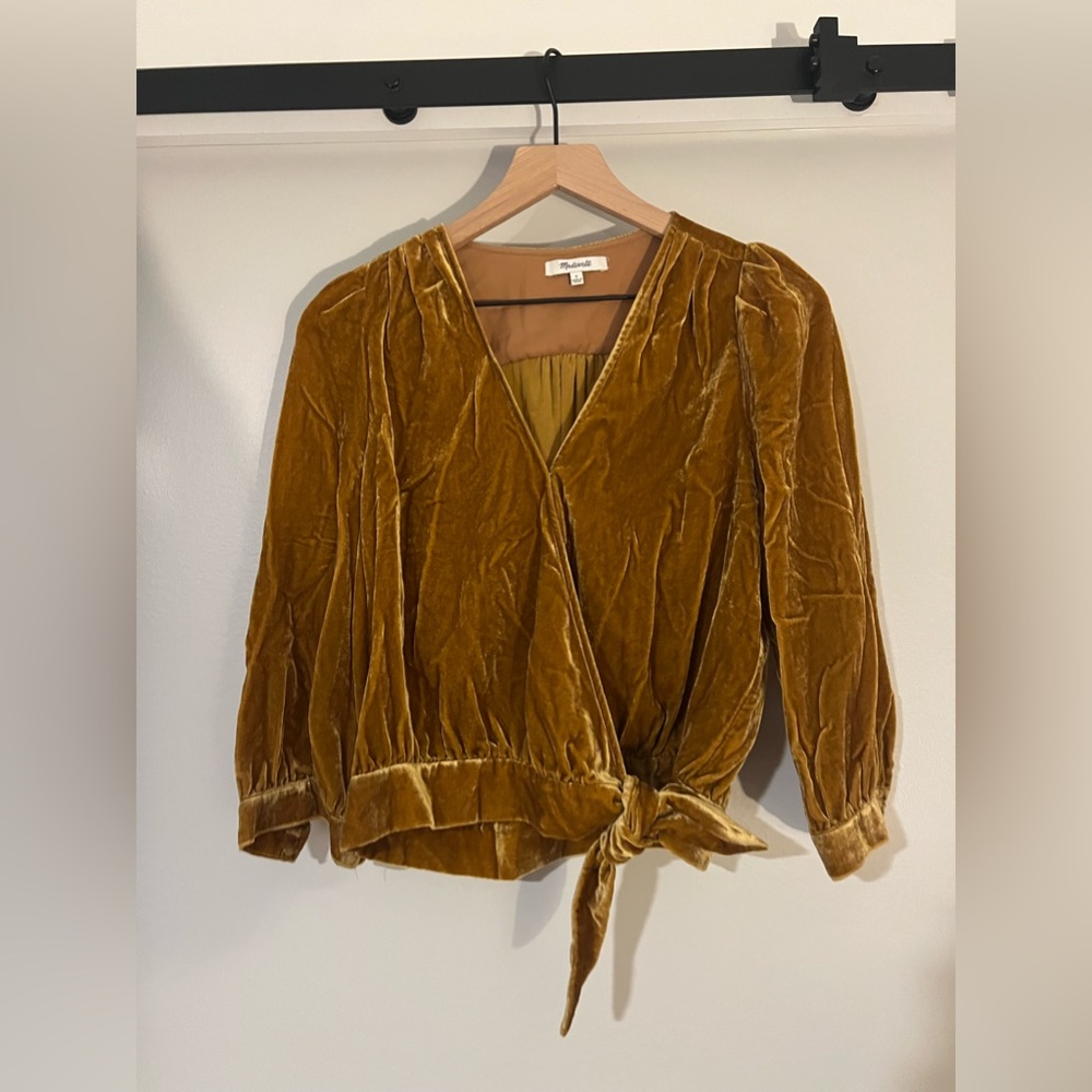 Velvet Wrap Tie-Front Blouse in Mustard